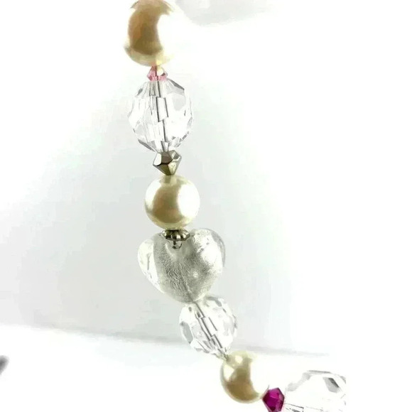 Clear Chunky Glass Heart Plastic Beaded Necklace Wired Faux Pearl 18" long - Picture 9 of 11